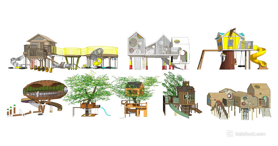 Creative Outdoor Wooden Treehouse Playground Equipment with Slide and Various Designs 3d model 