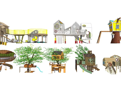 Creative Outdoor Wooden Treehouse Playground Equipment with Slide and Various Designs 3d model