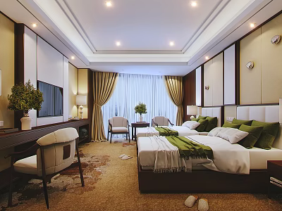 Elegant Hotel Room Interior Featuring Comfortable Bed TV Curtains And Green Plants 3d model