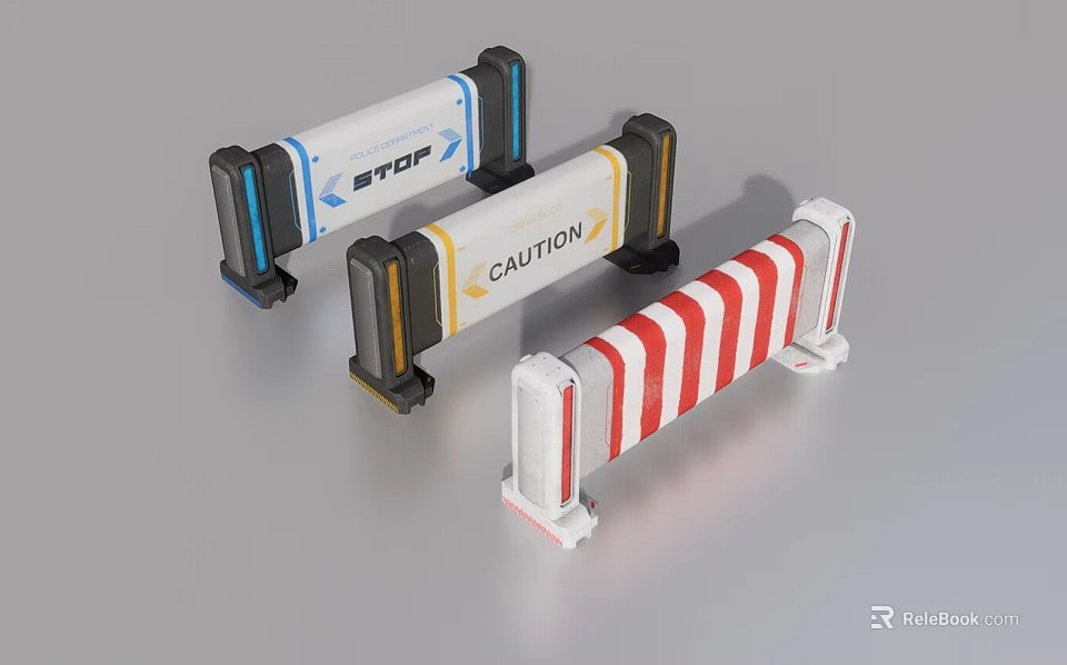 Safety Traffic Barriers With STOP Sign CAUTION Label And Red White Stripes 3d model 