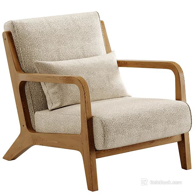 Comfortable Modern Leisure Chair with Wooden Frame and Beige Fabric Cushion 3d model 