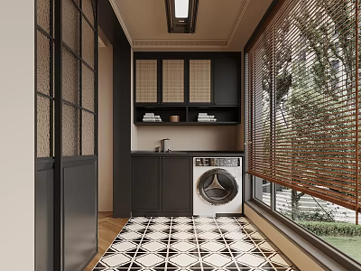 Modern Laundry Room Interior With Black Cabinets Washing Machine Bamboo Blinds And Geometric Floor Tiles 3d model