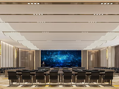 Modern Conference Room With Large LED Screen Arranged Seats And Ceiling Lights 3d model