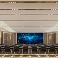 Modern Conference Room With Large LED Screen Arranged Seats And Ceiling Lights
