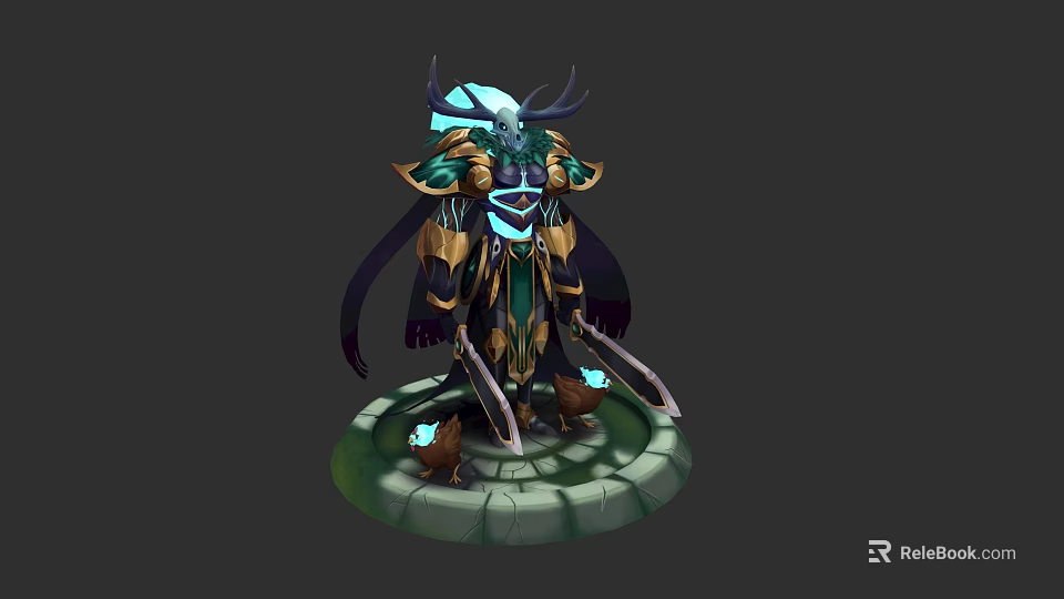 Mystic Character With Horns Golden Armor And Small Creatures On Green Cracked Base 3d model 