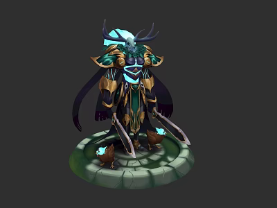 Mystic Character With Horns Golden Armor And Small Creatures On Green Cracked Base 3d model