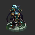 Mystic Character With Horns Golden Armor And Small Creatures On Green Cracked Base