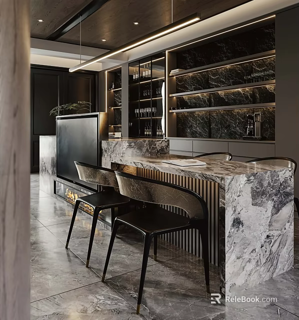 Modern Elegant Dining Living Room Interior With Marble Bar Counter TV Unit And Bar Stools 3d model 