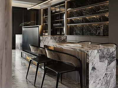 Modern Elegant Dining Living Room Interior With Marble Bar Counter TV Unit And Bar Stools 3d model