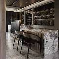 Modern Elegant Dining Living Room Interior With Marble Bar Counter TV Unit And Bar Stools