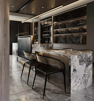 Modern Elegant Dining Living Room Interior With Marble Bar Counter TV Unit And Bar Stools 3d model