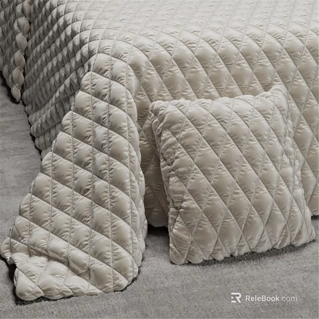 Beige Quilted Bedspread And Pillow With Diamond Pattern And Velvet Texture 3d model 