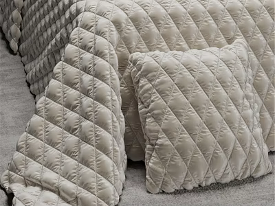 Beige Quilted Bedspread And Pillow With Diamond Pattern And Velvet Texture 3d model
