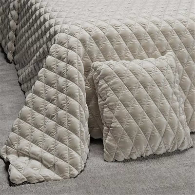 Beige Quilted Bedspread And Pillow With Diamond Pattern And Velvet Texture 3d model
