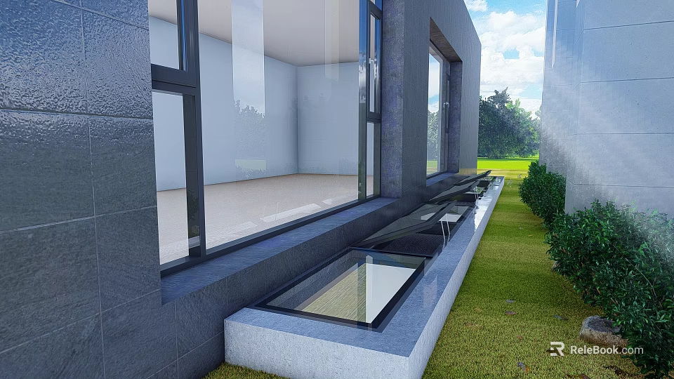 Modern Detached Villa With Large Glass Windows Gray Walls Sunken Glass Feature And Lawn Yard 3d model 