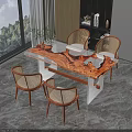 Modern Dining Table Set With Rattan Chairs Orange Textured Tabletop And Large Window Green View 3d model