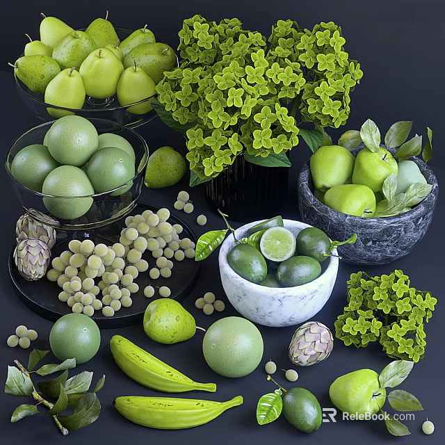 Fresh Green Fruits with Limes Apples Grapes in Marble Bowls and Leaves 3d model 