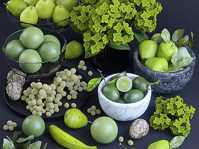 Fresh Green Fruits with Limes Apples Grapes in Marble Bowls and Leaves 3d model