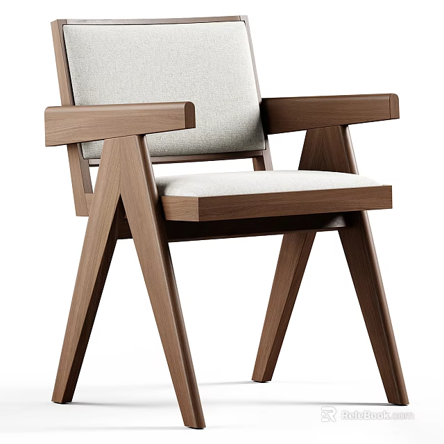 Modern Upholstered Dining Chair With Walnut Frame Beige Fabric Seat And Backrest Armrests 3d model 