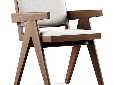 Modern Upholstered Dining Chair With Walnut Frame Beige Fabric Seat And Backrest Armrests 3d model