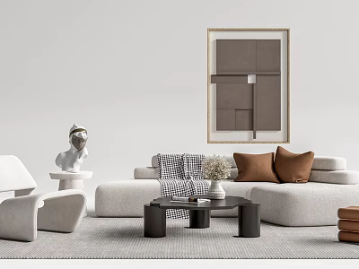 Modern Beige Sofa and Coffee Table Set With Black Frame Throw Pillows and Wall Art 3d model