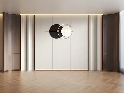 Modern Minimalist Interior Wall Design With Wooden Slats Circular Decor And Herringbone Floor 3d model