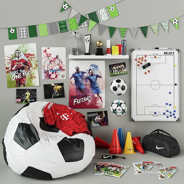 Sports Equipment Display With Soccer Balls Training Cones Tactical Board And Trophies 3d model 