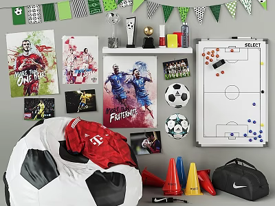 Sports Equipment Display With Soccer Balls Training Cones Tactical Board And Trophies 3d model