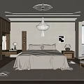 Modern Cozy Bedroom Interior With Wooden Wardrobe Pendant Light Bed Nightstand And Decorative Painting