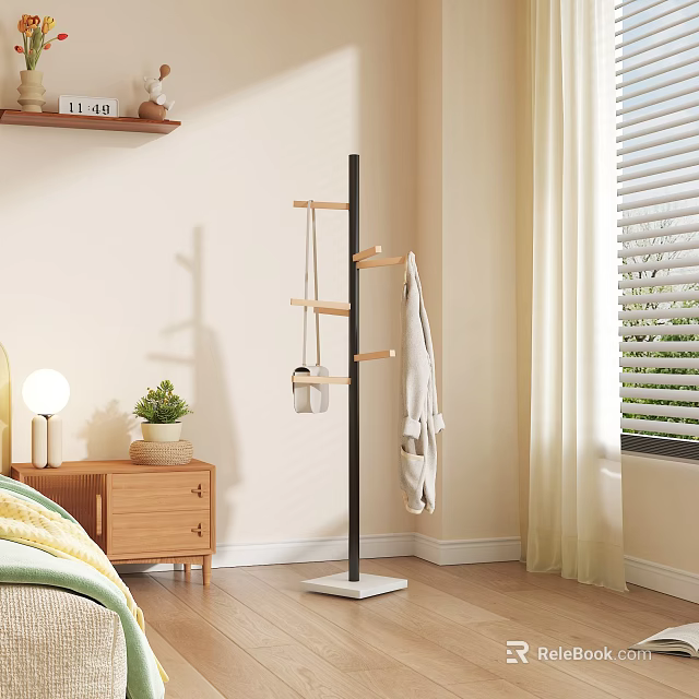 Minimalist Floor Standing Coat Rack With Wooden Hooks And Hanging Clothes In Modern Bedroom 3d model 
