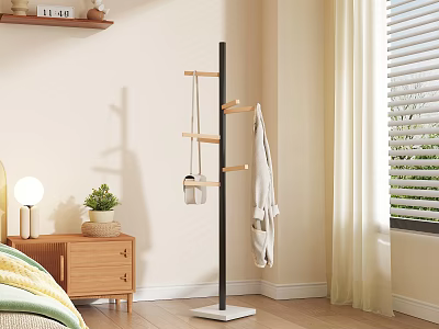 Minimalist Floor Standing Coat Rack With Wooden Hooks And Hanging Clothes In Modern Bedroom 3d model