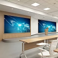 Modern Conference Room Interior Design With Multiple Screens Wooden Panels And Ceiling Lights