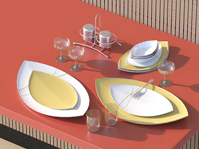 Tableware Set With Yellow White Plates Wine Water Glasses Metal Condiment Holder On Red Table 3d model
