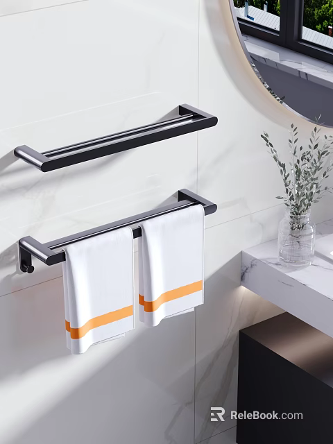 Modern Bathroom With Black Towel Racks White Towels Orange Stripes Marble Countertop And Greenery Vase 3d model 