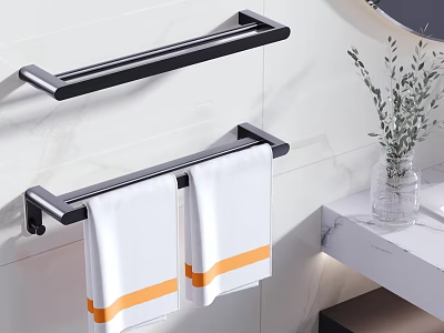 Modern Bathroom With Black Towel Racks White Towels Orange Stripes Marble Countertop And Greenery Vase 3d model