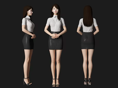 Woman in White Shirt Black Leather Skirt with High Heels Displayed Front Side Back Views 3d model