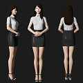 Woman in White Shirt Black Leather Skirt with High Heels Displayed Front Side Back Views