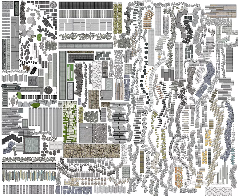 Diverse Garden Path Paving Designs With Stone Slabs Brick Patterns And Grass Gaps 3d model 