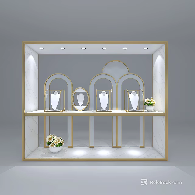 Elegant Jewelry Window Showcase With Gold Frame Marble Shelves Lighting And White Displays 3d model 