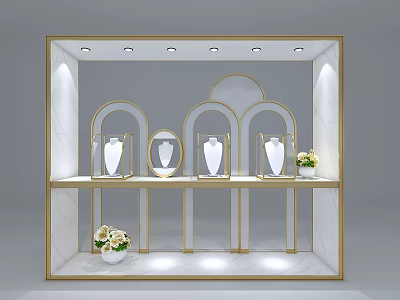 Elegant Jewelry Window Showcase With Gold Frame Marble Shelves Lighting And White Displays 3d model
