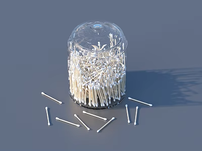 Daily Use Cotton Swabs In Transparent Container With Scattered Ones 3d model