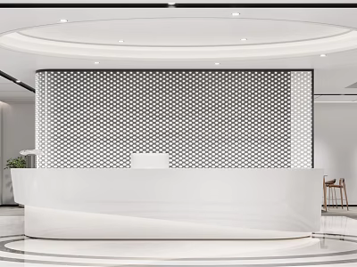 Modern Reception Area With White Desk Perforated Partition And Circular Ceiling Design 3d model