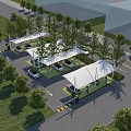Car Parking Canopies In Outdoor Green Parking Area With Trees And Vehicles