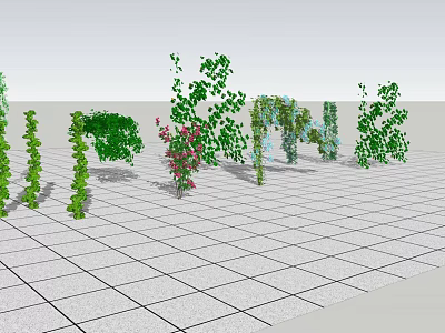 Various Green Plants and Flowering Shrubs with Climbing Vines on Grid Patterned Floor 3d model