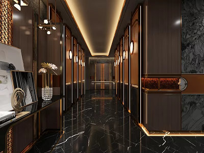 Elegant Modern KTV Corridor With Marble Floor Wooden Walls And Lighting Decorations 3d model