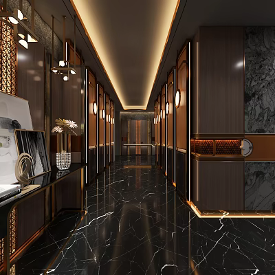 Elegant Modern KTV Corridor With Marble Floor Wooden Walls And Lighting Decorations 3d model