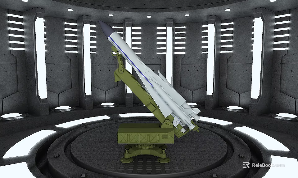 Military Missile on Green Launcher in Control Room Platform with Gray Walls and Striped Lights 3d model 