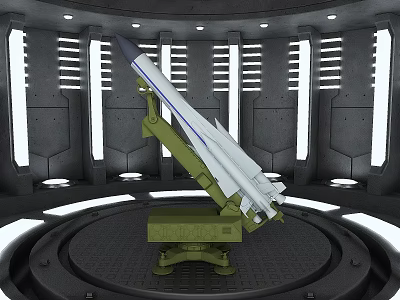 Military Missile on Green Launcher in Control Room Platform with Gray Walls and Striped Lights 3d model