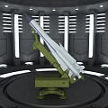 Military Missile on Green Launcher in Control Room Platform with Gray Walls and Striped Lights