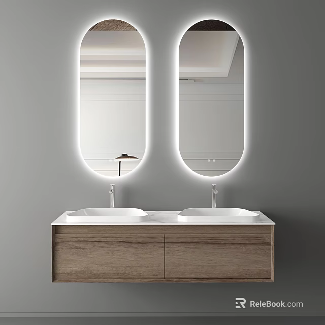 Modern Bathroom Vanity With Double Sinks Wooden Cabinet And Backlit Oval Mirrors 3d model 